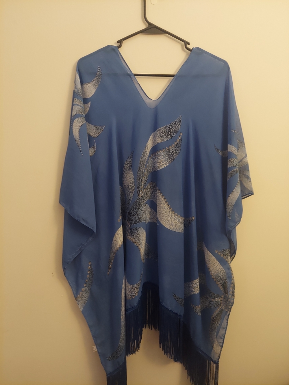 Blue V-Neck Fringe Tunic with Silver Leaf Accents